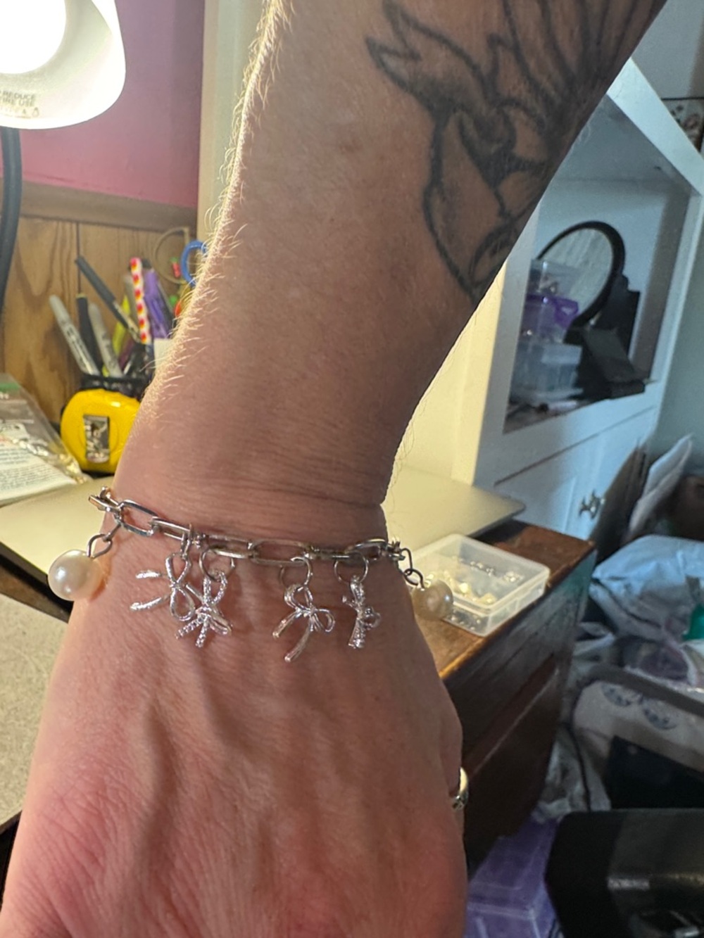 Silver Like Pearl Charm Bracelet with Bow Accents 9”
